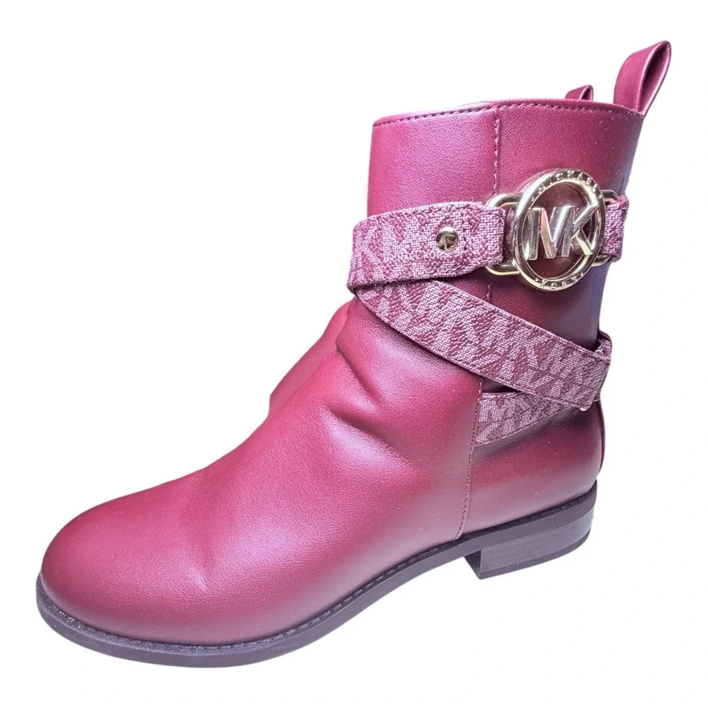 Michael Kors Womens Ankle Boots Burgundy MK Logo Straps Gold Hardware 6.5M SI22F